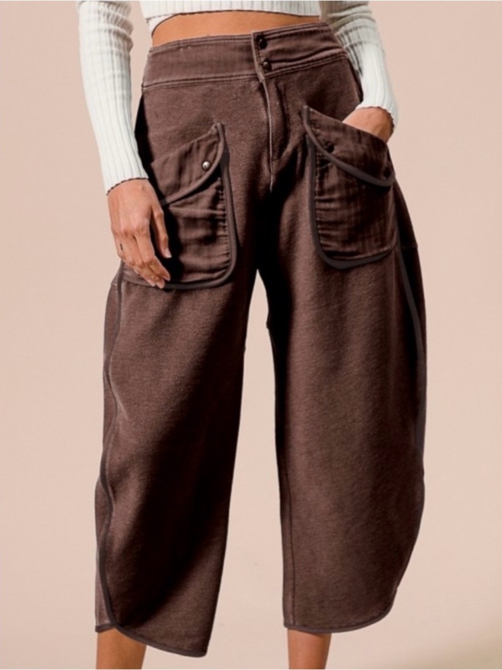 BiBi Brown Barrel Cargo Pants with Flap Pockets - Washed Terry Fabric- sz Large - Picture 14 of 14